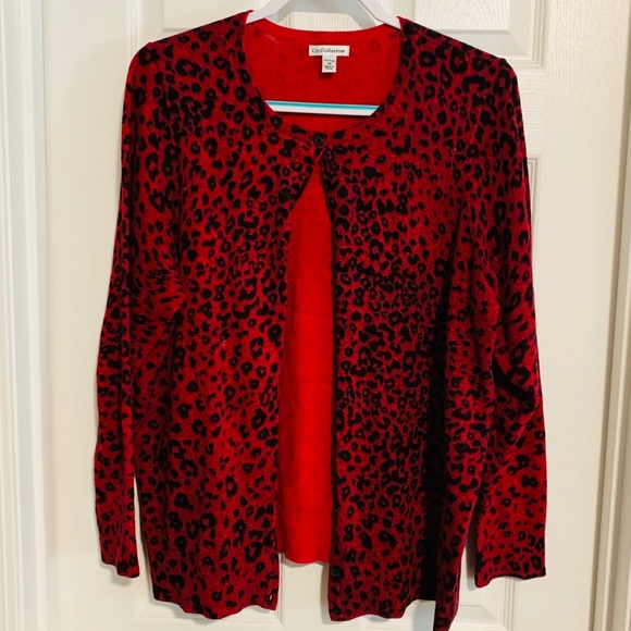 red animal print cardigan